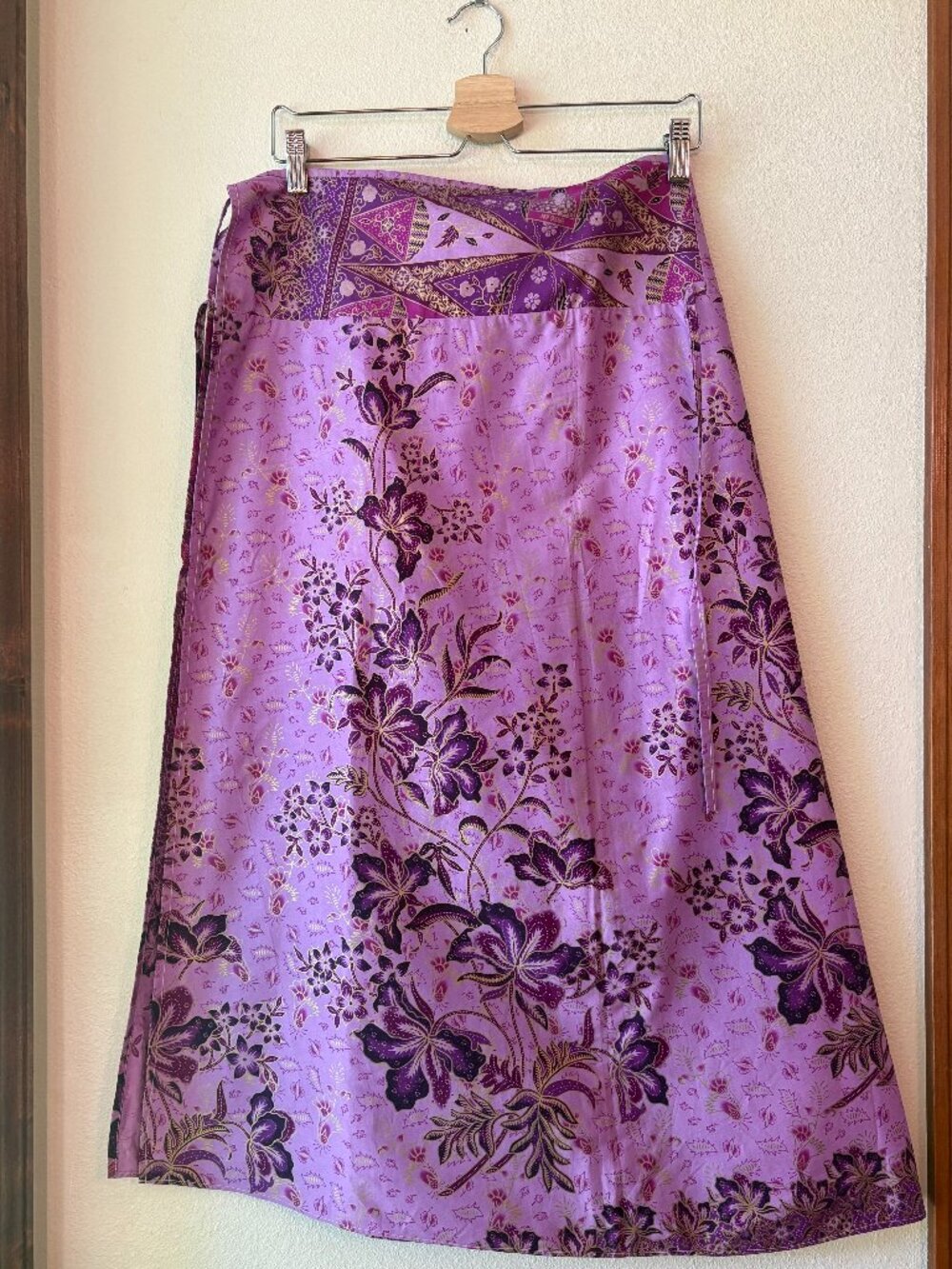 Thai Batik Cotton Wrap Around Skirt Sarong Purple Floral Geometric Resort Wear M